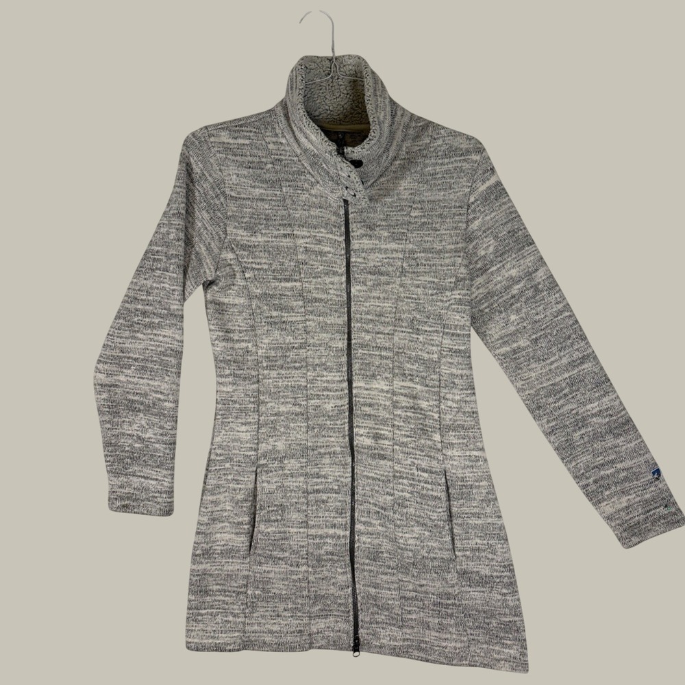 Kuhl Alska Long Full Zip Jacket Gray Heathered Knit Shearling Collar Womens Med